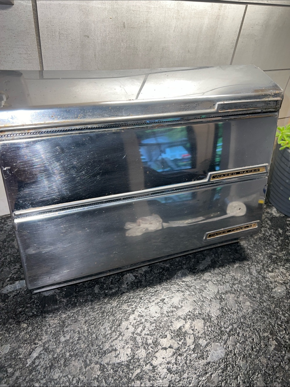 Vintage Wrap Chrome Kitchen Dispenser. Foil, Plastic and paper towels.